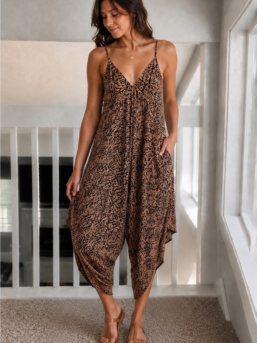 Cost Plus World Market Brown Printed Wide-Leg Jumpsuit